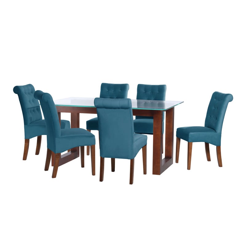 JUEGO DE COMEDOR PAMPLONA 6 SILLAS OVIEDO TELA VELVET AZUL PETROLEO - 1