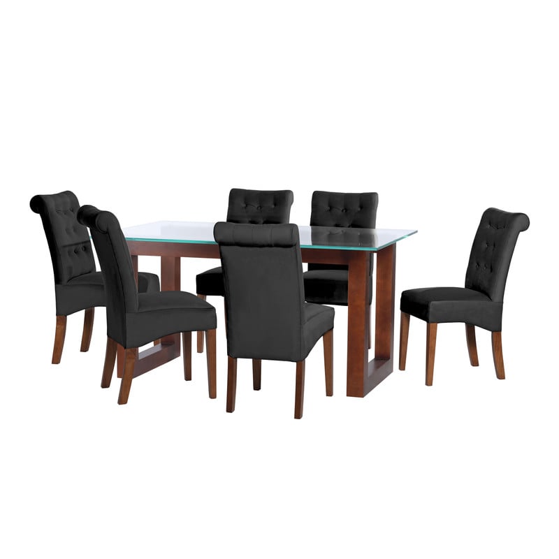 JUEGO DE COMEDOR PAMPLONA 6 SILLAS OVIEDO TELA VELVET NEGRO - 1