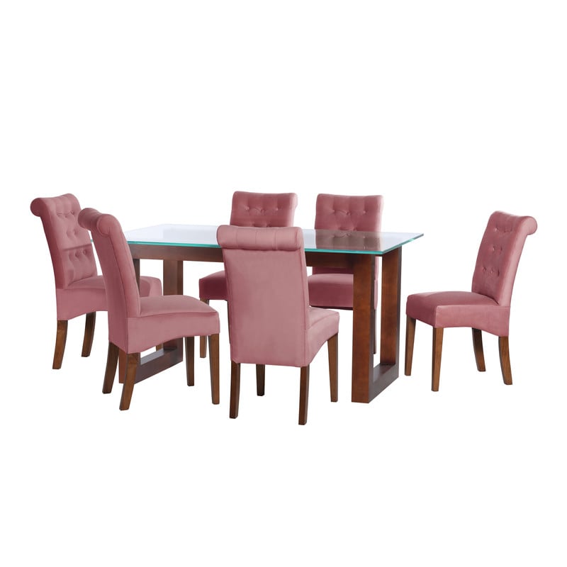 JUEGO DE COMEDOR PAMPLONA 6 SILLAS OVIEDO TELA VELVET PALO ROSA - 1