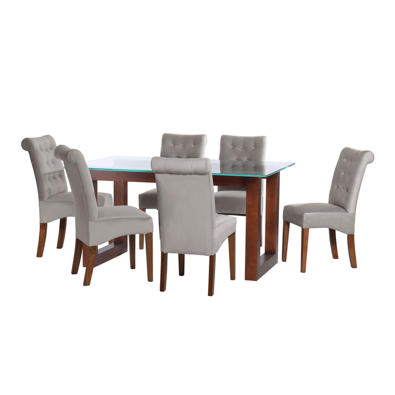 JUEGO DE COMEDOR PAMPLONA 6 SILLAS OVIEDO TELA VELVET GRIS - 1