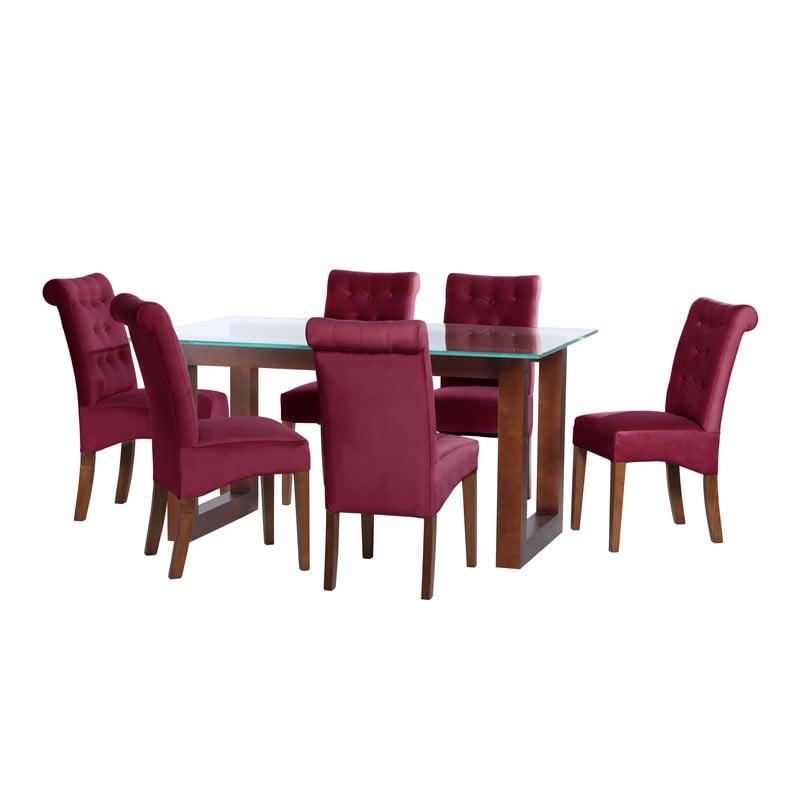 JUEGO DE COMEDOR PAMPLONA 6 SILLAS OVIEDO TELA VELVET BURDEO - 1
