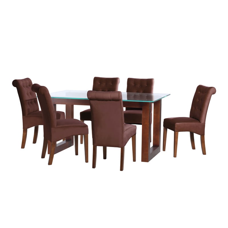 JUEGO DE COMEDOR PAMPLONA 6 SILLAS OVIEDO TELA VELVET CHOCOLATE - 1