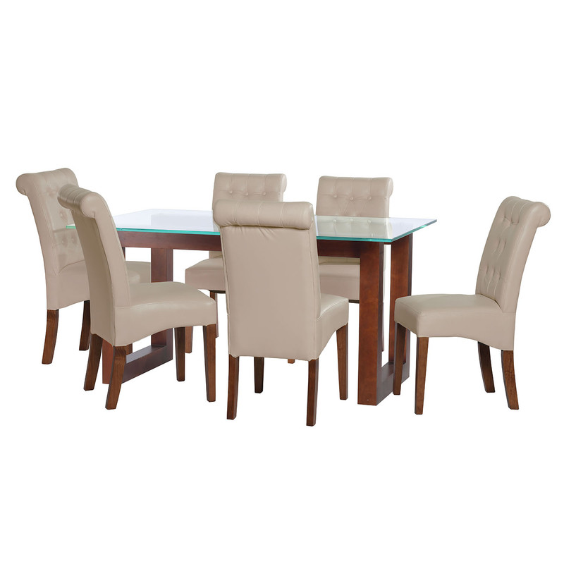 JUEGO DE COMEDOR PAMPLONA 6 SILLAS OVIEDO PU BEIGE - 1