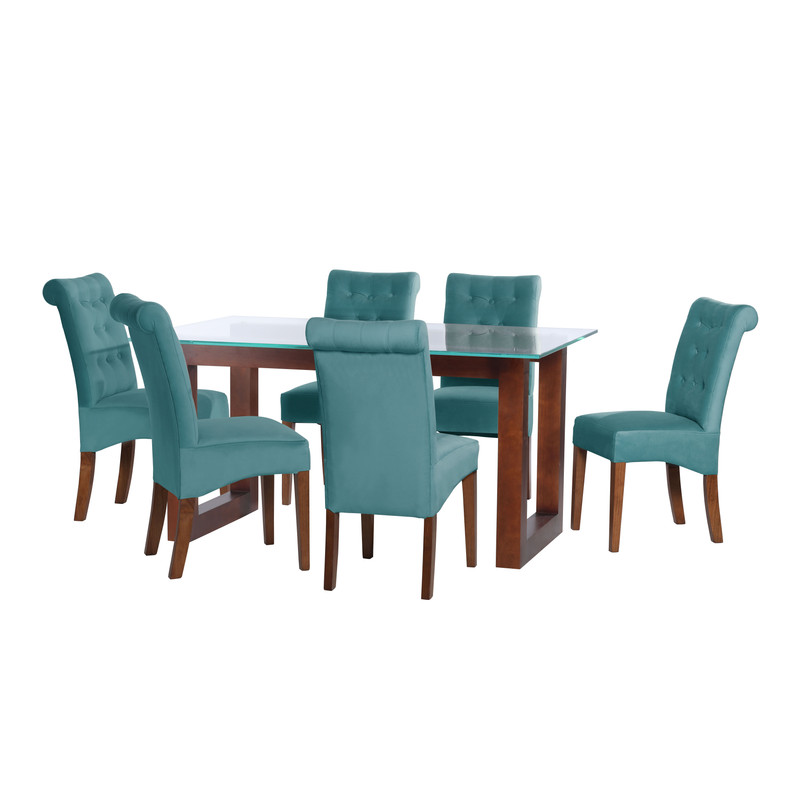 JUEGO DE COMEDOR PAMPLONA 6 SILLAS OVIEDO TELA VELVET TURQUESA - 1