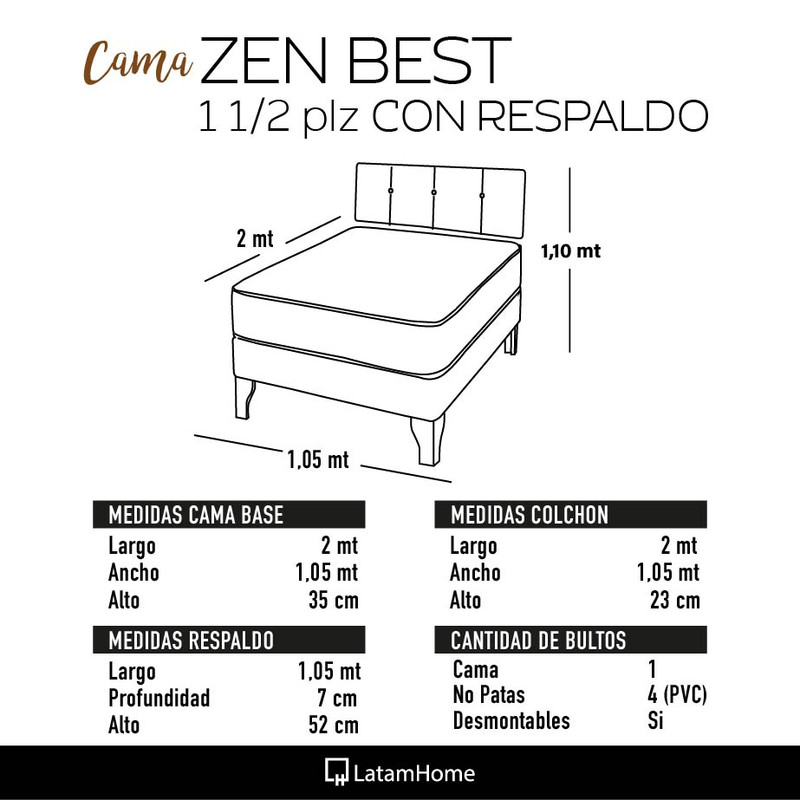 Cama Europea Zen Best 1.5 Plaza Colchon Resortes Base Dividida + Respaldo Tela Café - 3
