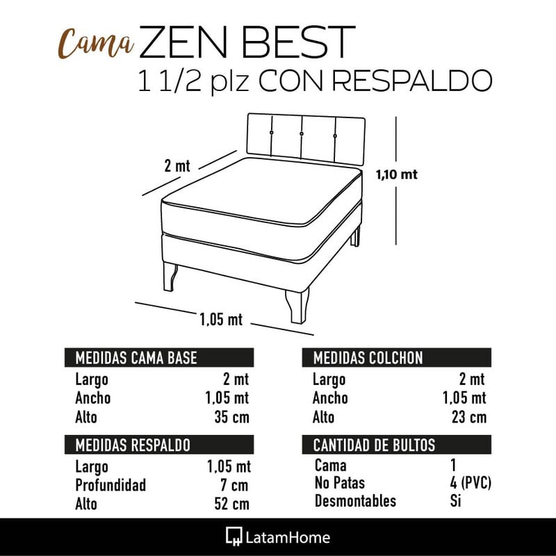 Cama Europea Zen Best 1.5 Plaza Colchon Resortes Base Dividida + Respaldo Tela Negro - 3