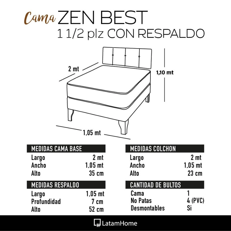 Cama Europea Zen Best 1.5 Plaza Colchon Resortes Base Dividida + Respaldo Tela Gris - 3