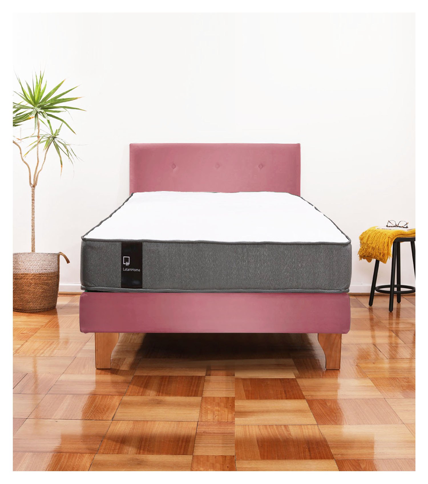 Cama Europea Zen Best 1.5 Plaza Colchon Resortes Base Dividida + Respaldo Tela Palo Rosa - 1