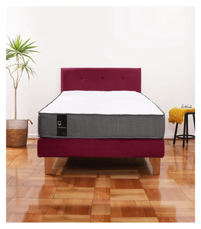 Cama Europea Zen Best 1.5 Plaza Colchon Resortes Base Dividida + Respaldo Tela Burdeo - 1