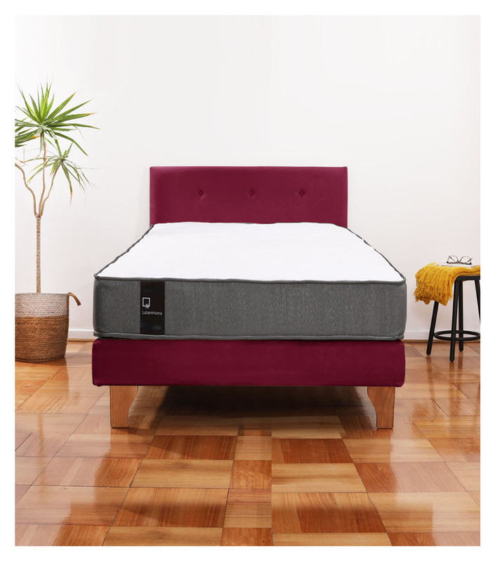 Cama Europea Zen Best 1.5 Plaza Colchon Resortes Base Dividida + Respaldo Tela Burdeo - 1