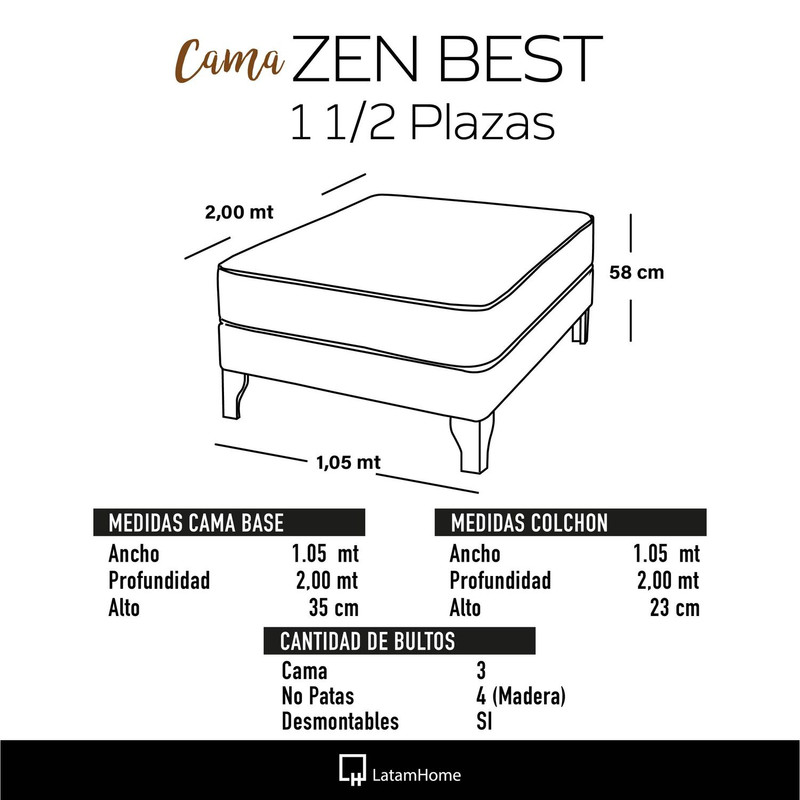 Cama Europea Zen Best 1.5 Plaza Colchon Resortes Base DivididaTela Café - 3