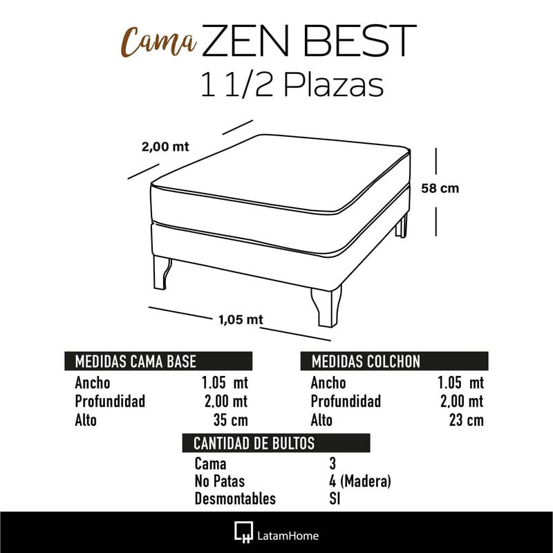 Cama Europea Zen Best 1.5 Plaza Colchon Resortes Base Dividida Tela Burdeo - 3