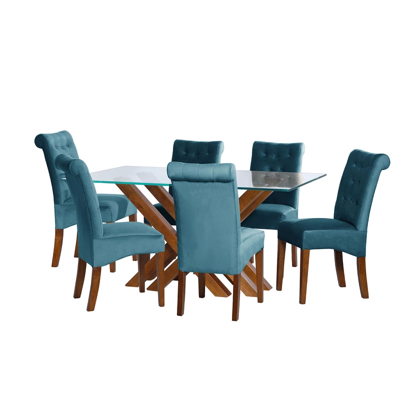JUEGO DE COMEDOR MERIDA 6 SILLAS OVIEDO TELA VELVET AZUL PETROLEO - 1