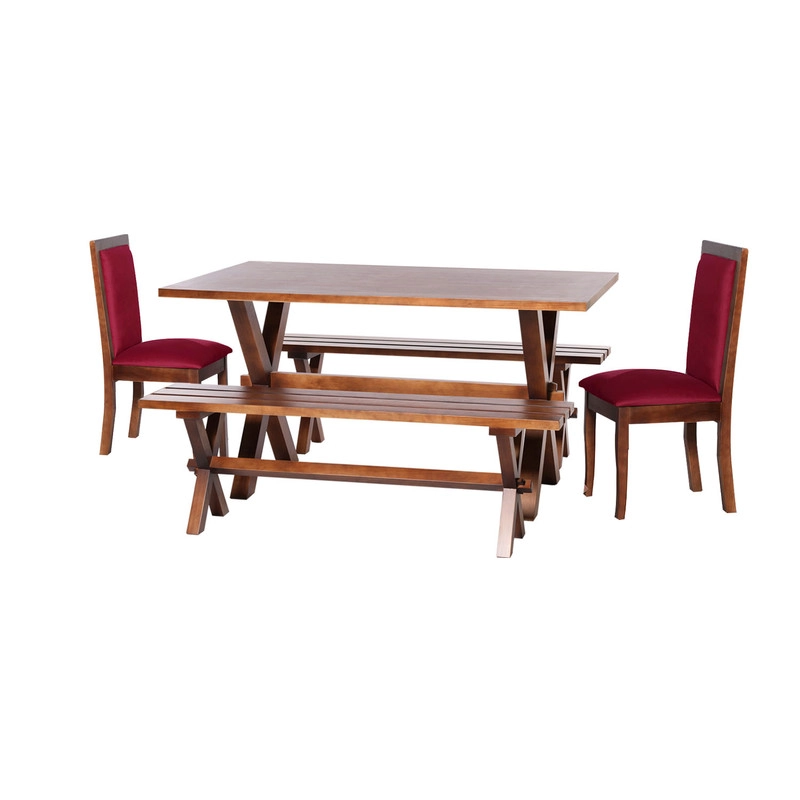 JUEGO DE COMEDOR SEVILLA 2 SILLAS GIRONA + 2 BANCAS TELA VELVET BURDEO - 1