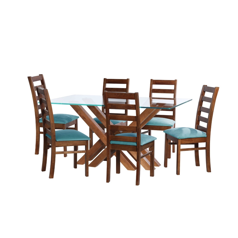JUEGO DE COMEDOR MERIDA 6 SILLAS BURGOS TELA VELVET TURQUESA - 1