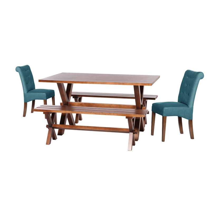 JUEGO DE COMEDOR SEVILLA 2 SILLAS OVIEDO + 2 BANCAS TELA VELVET TURQUESA - 1