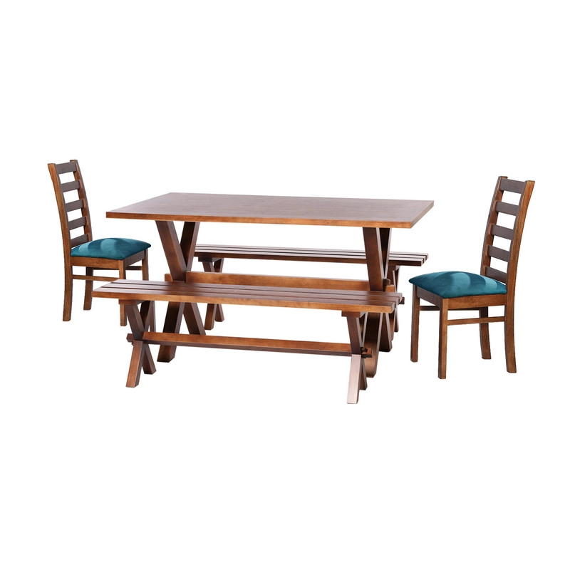 JUEGO DE COMEDOR SEVILLA 2 SILLAS BURGOS + 2 BANCAS TELA VELVET AZUL PETROLEO - 1