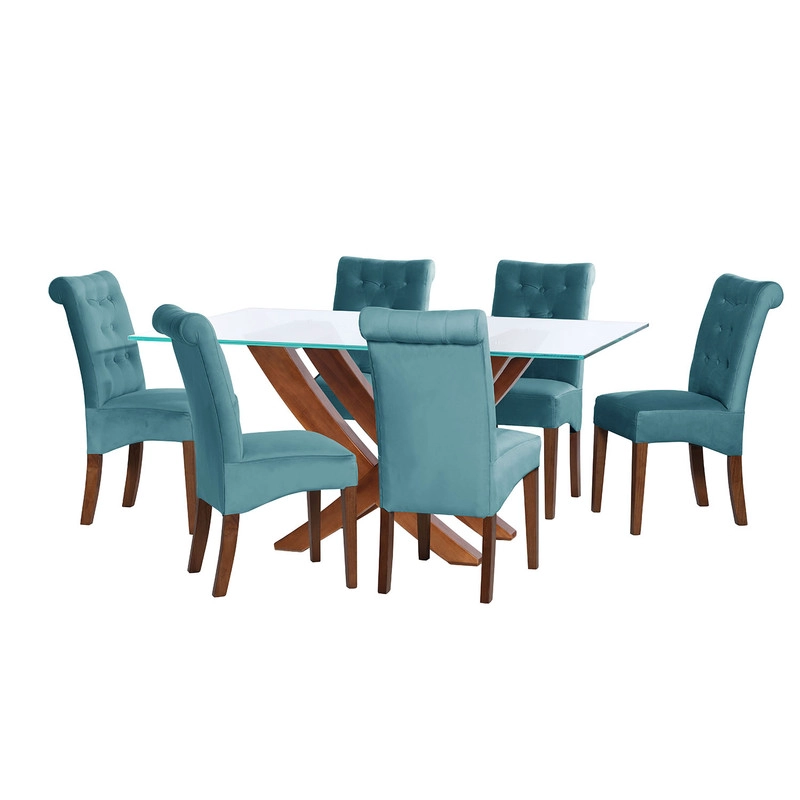 JUEGO DE COMEDOR ALICANTE 6 SILLAS OVIEDO TELA VELVET TURQUESA - 1