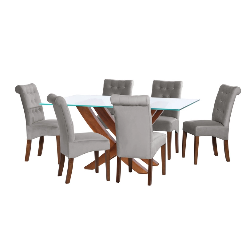 JUEGO DE COMEDOR ALICANTE 6 SILLAS OVIEDO TELA VELVET GRIS - 1