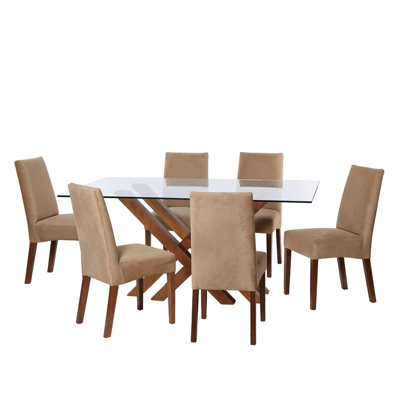 JUEGO DE COMEDOR MERIDA 6 SILLAS CADIZ TELA VELVET BEIGE - 1