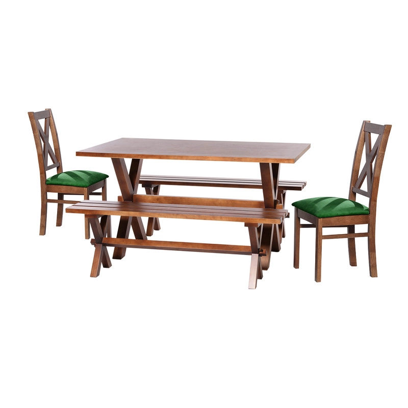 JUEGO DE COMEDOR SEVILLA 2 SILLAS SEGOVIA + 2 BANCAS TELA VELVET VERDE - 1