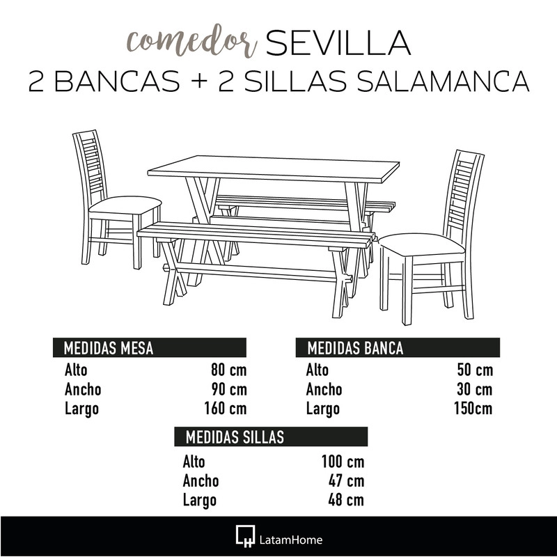 JUEGO DE COMEDOR SEVILLA 2 SILLAS SALAMANCA + 2 BANCAS TELA VELVET NEGRO - 6