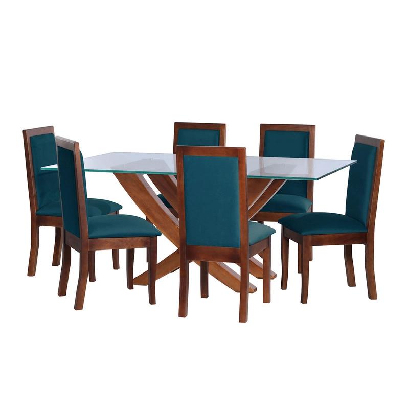 JUEGO DE COMEDOR ALICANTE 6 SILLAS GIRONA TELA VELVET AZUL PETROLEO - 1