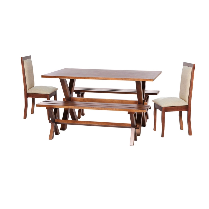 JUEGO DE COMEDOR SEVILLA 2 SILLAS GIRONA + 2 BANCAS TELA LINO NATURAL - 1