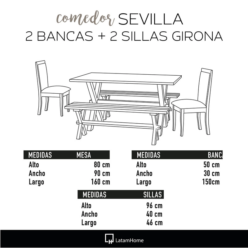 JUEGO DE COMEDOR SEVILLA 2 SILLAS GIRONA + 2 BANCAS TELA LINO NATURAL - 6