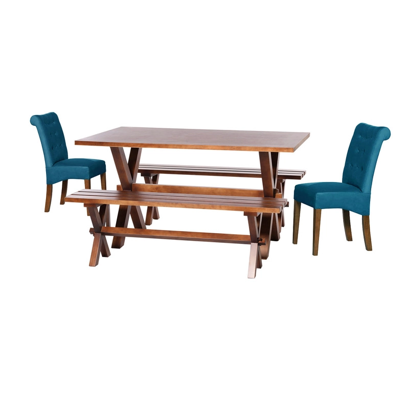 JUEGO DE COMEDOR SEVILLA 2 SILLAS OVIEDO + 2 BANCAS TELA VELVET AZUL PETROLEO - 1