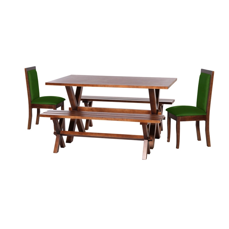 JUEGO DE COMEDOR SEVILLA 2 SILLAS GIRONA + 2 BANCAS TELA VELVET VERDE - 1
