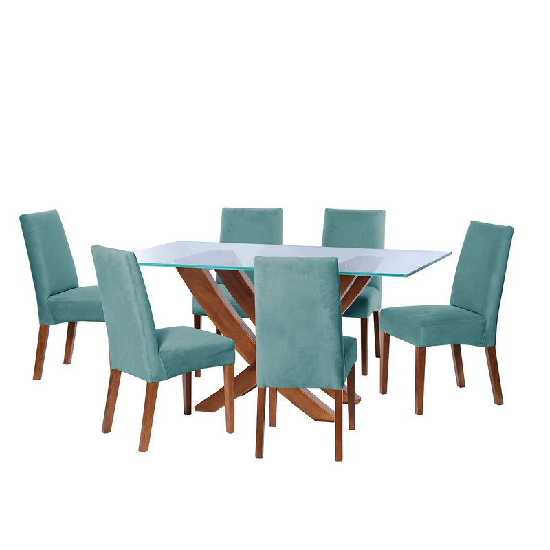 JUEGO DE COMEDOR ALICANTE 6 SILLAS CADIZ TELA VELVET TURQUESA - 1