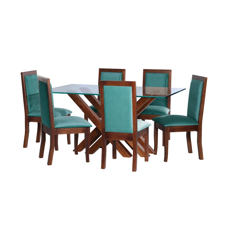 JUEGO DE COMEDOR MERIDA 6 SILLAS GIRONA TELA VELVET TURQUESA - 1