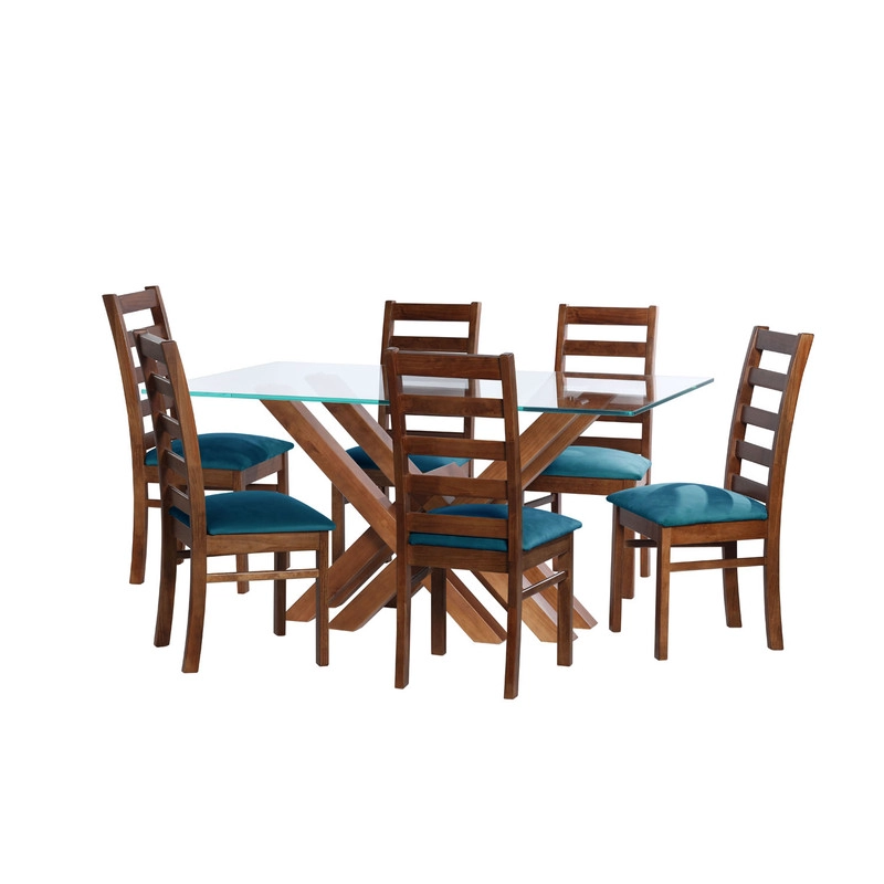 JUEGO DE COMEDOR MERIDA 6 SILLAS BURGOS TELA VELVET AZUL PETROLEO - 1