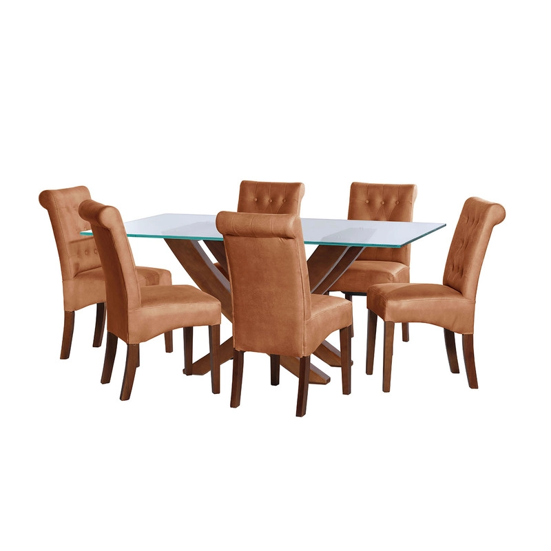 JUEGO DE COMEDOR ALICANTE 6 SILLAS OVIEDO CUERO KENTUCKY TABACO - 1