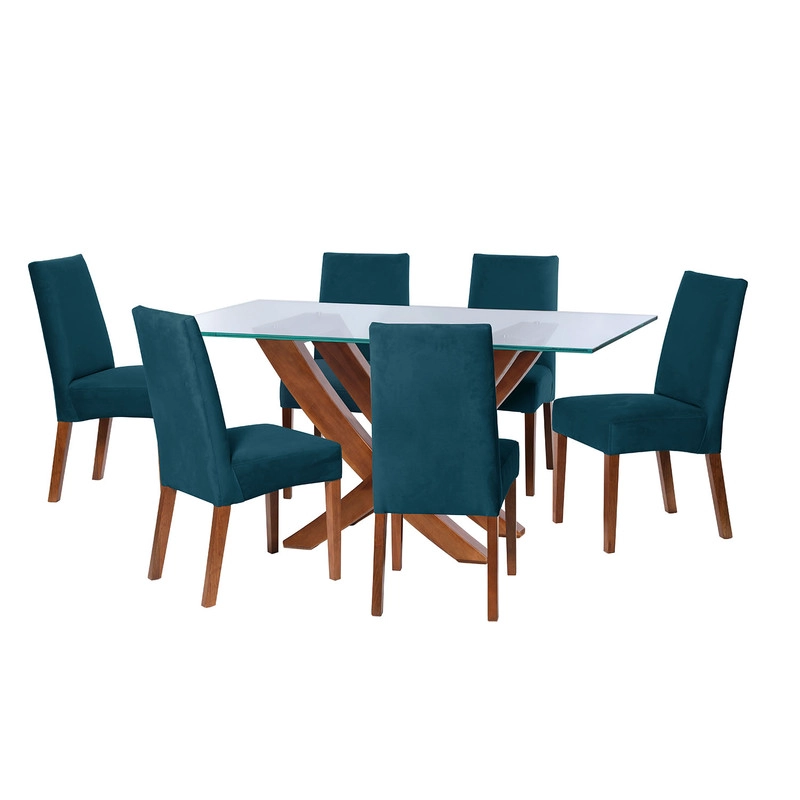 JUEGO DE COMEDOR ALICANTE 6 SILLAS CADIZ TELA VELVET AZUL PETROLEO - 1