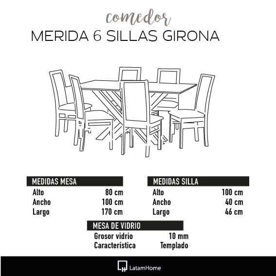JUEGO DE COMEDOR MERIDA 6 SILLAS GIRONA TELA VELVET BEIGE - 6