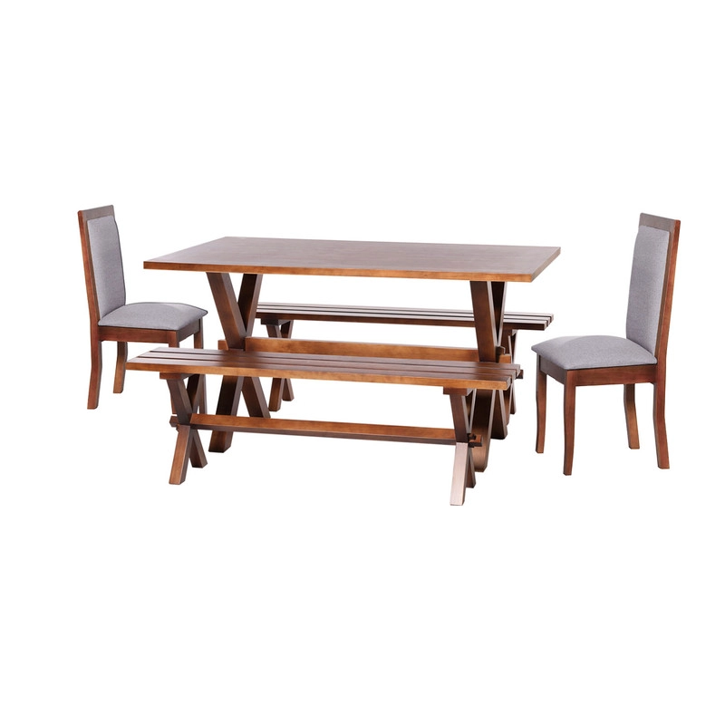 JUEGO DE COMEDOR SEVILLA 2 SILLAS GIRONA + 2 BANCAS TELA LINO GRIS CLARO - 1