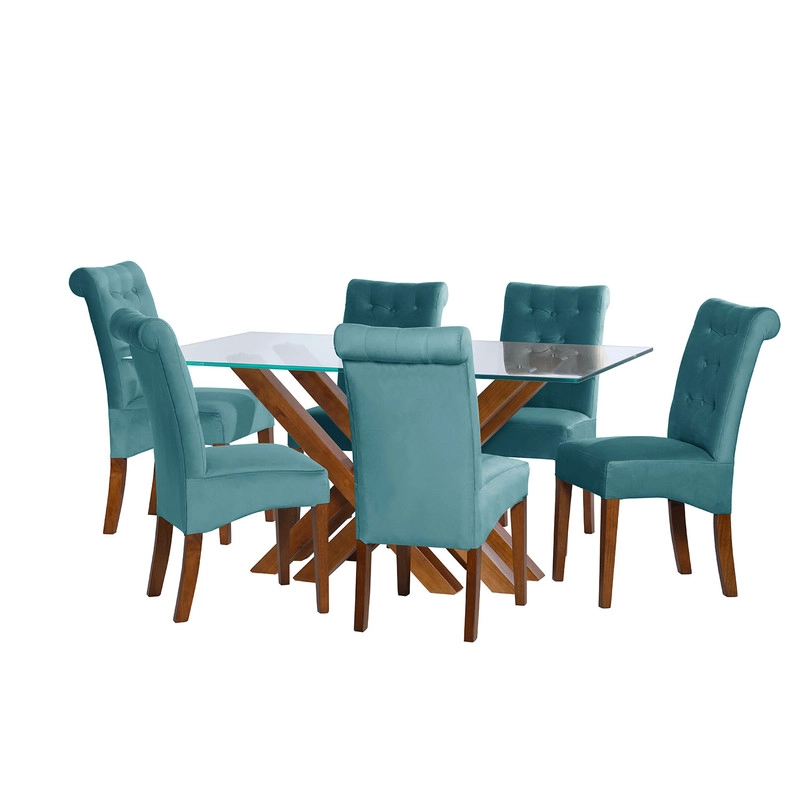 JUEGO DE COMEDOR MERIDA 6 SILLAS OVIEDO TELA VELVET TURQUESA - 1