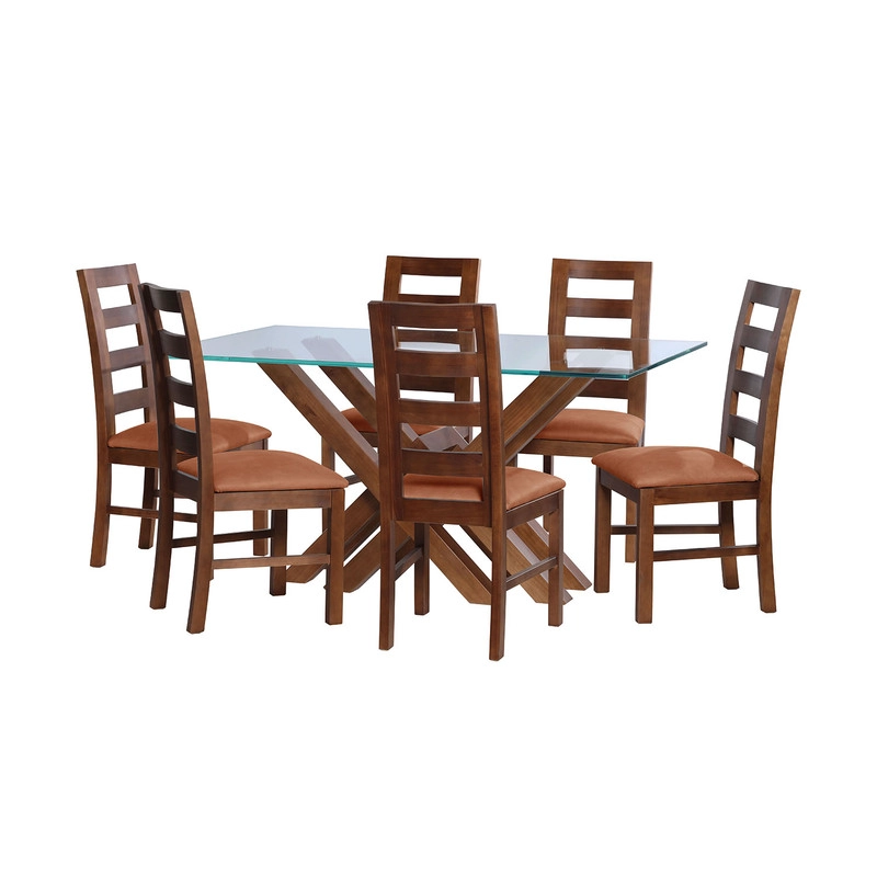 JUEGO DE COMEDOR MERIDA 6 SILLAS GRANADA CUERO KENTUCKY TABACO - 1