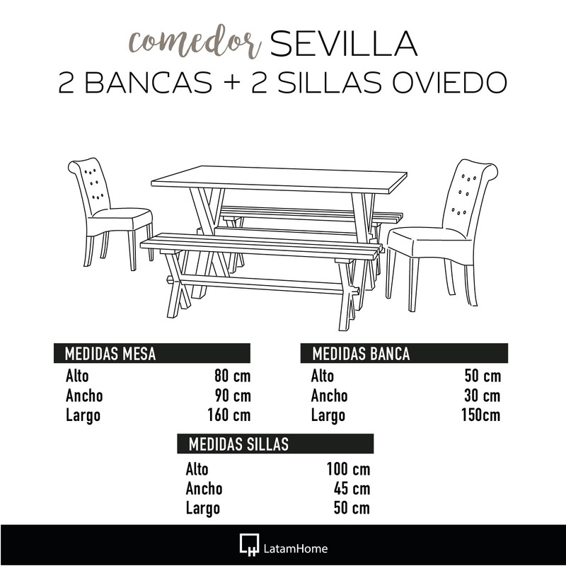 JUEGO DE COMEDOR SEVILLA 2 SILLAS OVIEDO + 2 BANCAS CUERO KENTUCKY NEGRO - 6