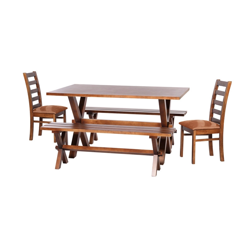 JUEGO DE COMEDOR SEVILLA 2 SILLAS BURGOS + 2 BANCAS CUERO KENTUCKY TABACO - 1