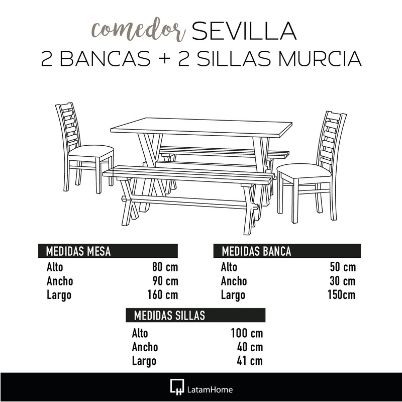 JUEGO DE COMEDOR SEVILLA 2 SILLAS MURCIA + 2 BANCAS TELA VELVET CHOCOLATE - 6