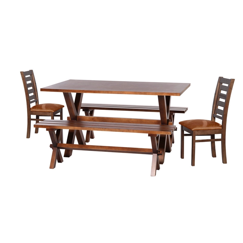 JUEGO DE COMEDOR SEVILLA 2 SILLAS MURCIA + 2 BANCAS CUERO KENTUCKY TABACO - 1