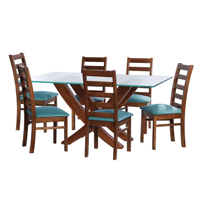 JUEGO DE COMEDOR ALICANTE 6 SILLAS BURGOS TELA VELVET TURQUESA - 1