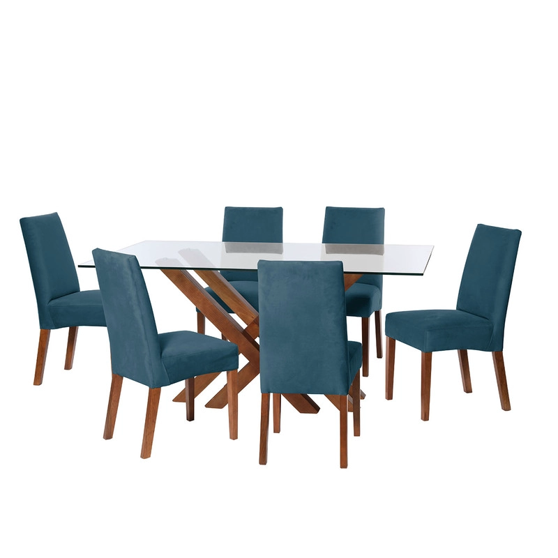 JUEGO DE COMEDOR MERIDA 6 SILLAS CADIZ TELA VELVET AZUL PETROLEO - 1