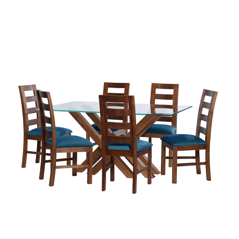 JUEGO DE COMEDOR MERIDA 6 SILLAS GRANADA  TELA VELVET AZUL PETROLEO - 1