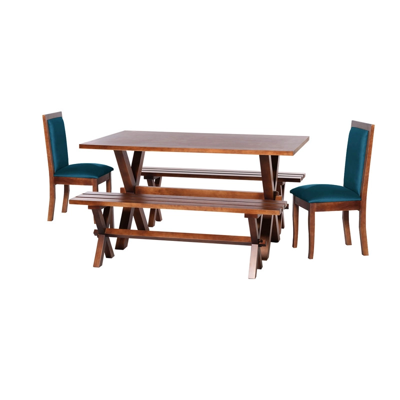 JUEGO DE COMEDOR SEVILLA 2 SILLAS GIRONA + 2 BANCAS TELA VELVET AZUL PETROLEO - 1
