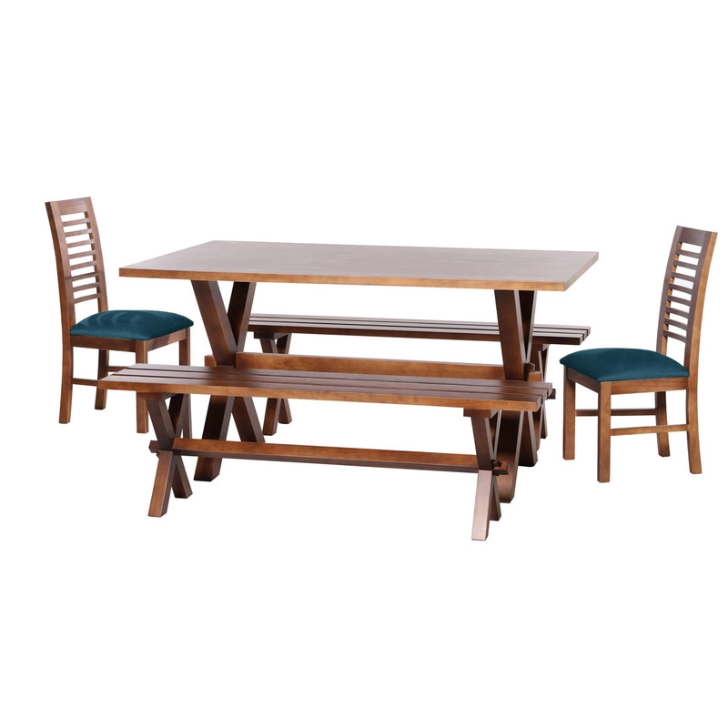 JUEGO DE COMEDOR SEVILLA 2 SILLAS SALAMANCA + 2 BANCAS TELA VELVET AZUL PETROLEO - 1