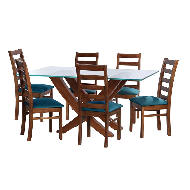 JUEGO DE COMEDOR ALICANTE 6 SILLAS BURGOS TELA VELVET AZUL PETROLEO - 1